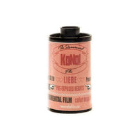 KONO! Liebe 200 ISO 35mm film roll with a pink label featuring red heart graphics and branding text.