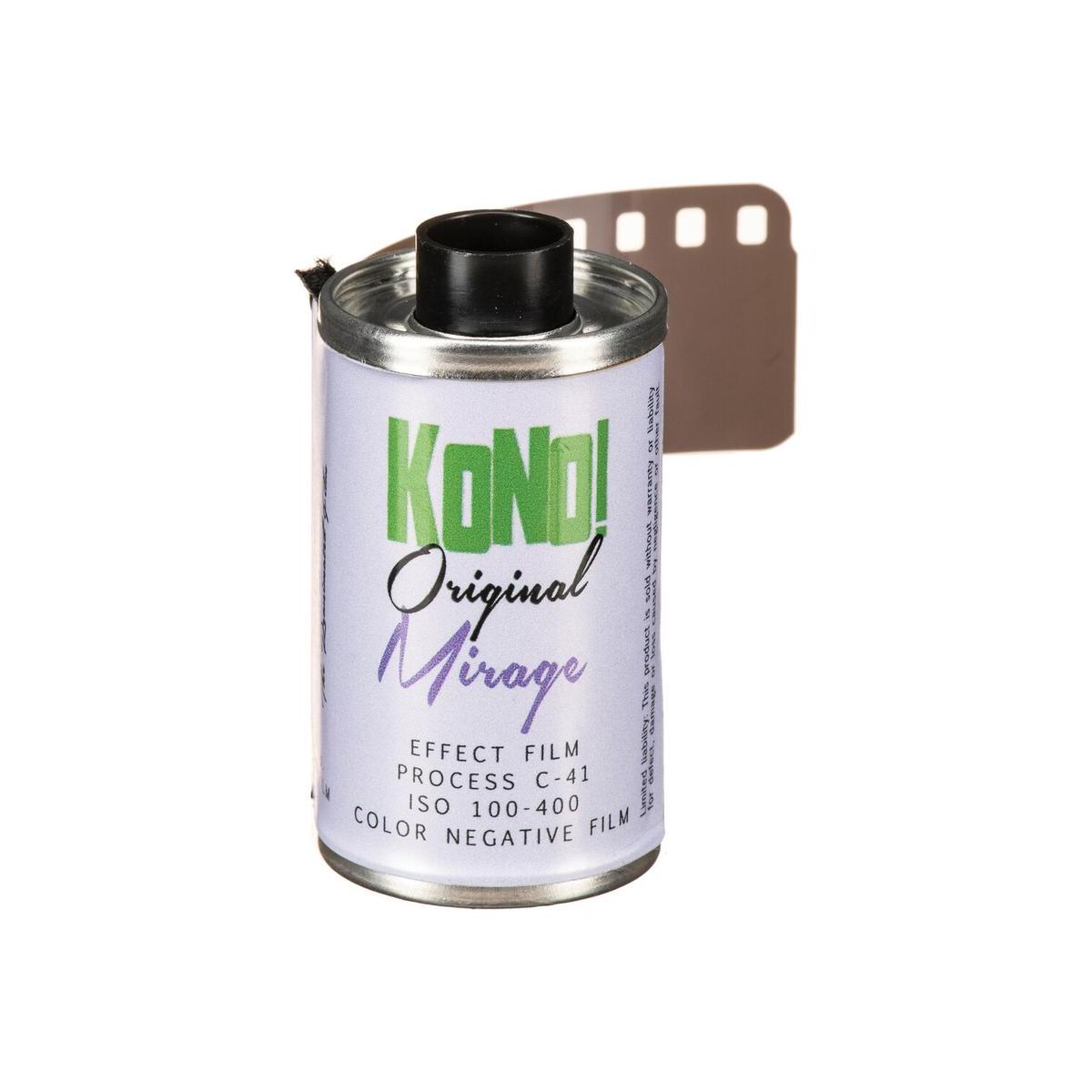 KONO! Mirage 35mm color negative film roll with white label, green and purple branding, and exposed film leader.