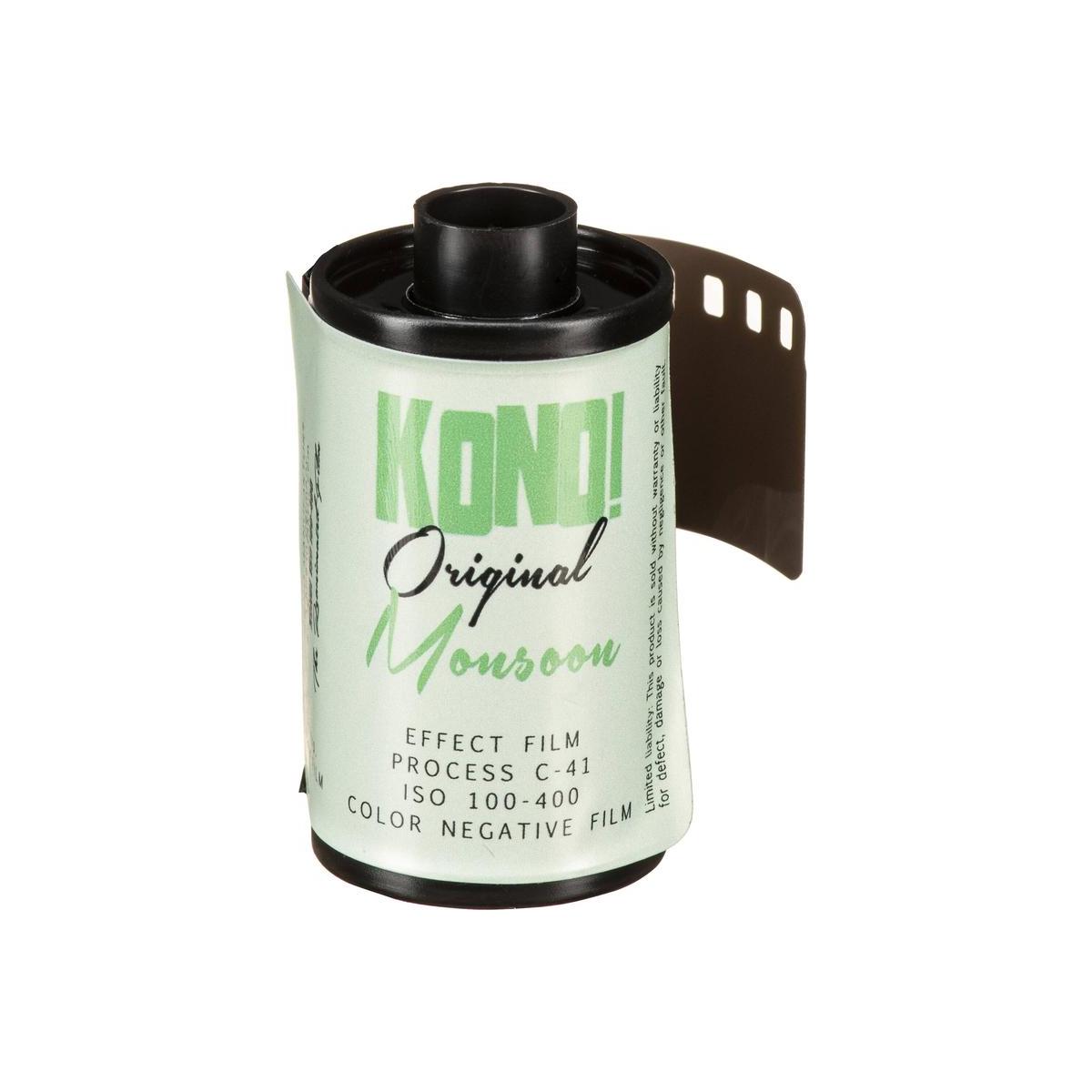 KONO! Monsoon 35mm color negative film roll with a light green label and black plastic canister.