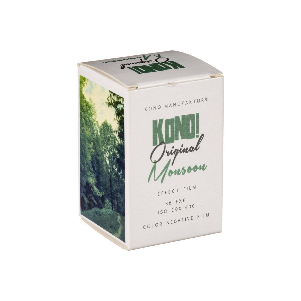 KONO! Monsoon 35mm color negative film box with green forest imagery and white packaging, 36 exposures, ISO 200.