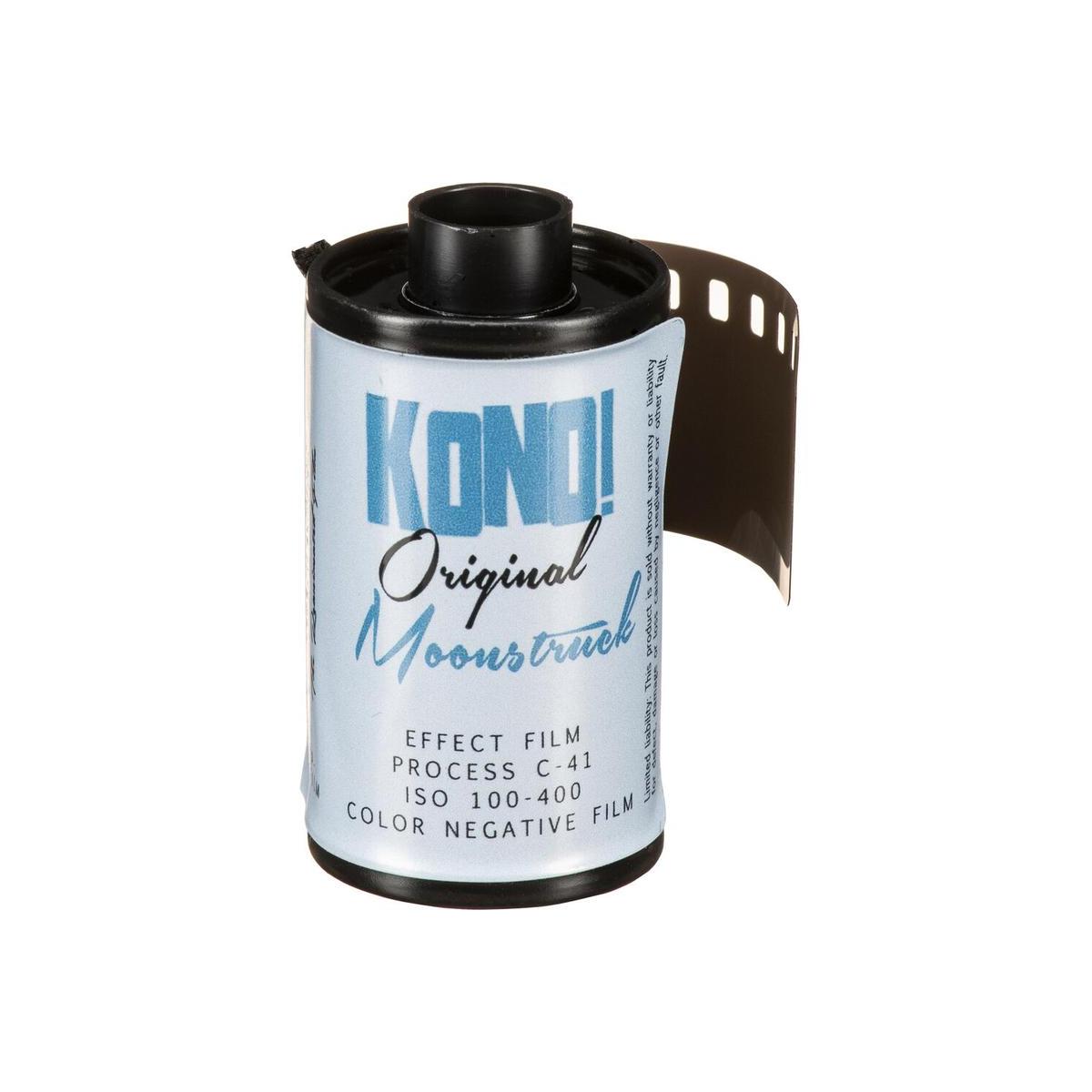KONO! Moonstruck 200 ISO 35mm color negative film roll with a light blue label and exposed film leader.