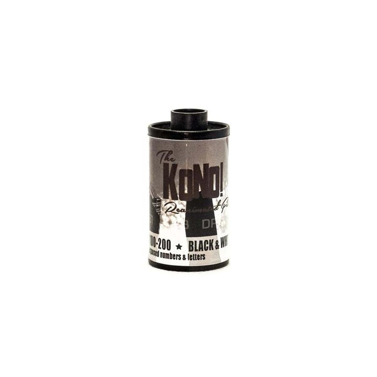 KONO! Rekorder 35mm black and white film canister with bold branding and vintage-style typography on a white background.