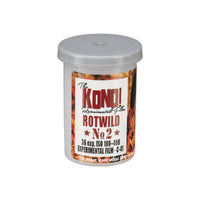 KONO! Rotwild No. 2 redscale 35mm film canister with a grey plastic lid and orange-toned experimental film label.