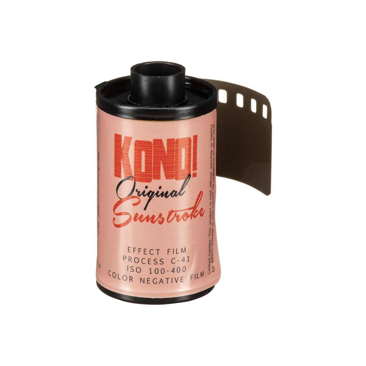 KONO! Sunstroke 35mm color negative film roll with a pink label and bold red branding on a white background.