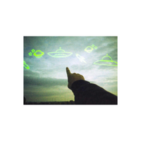 A person's hand pointing upward at a large projection of neon green cartoon drawings of planets, a spaceship, and a rocket on a cloudy sky background.