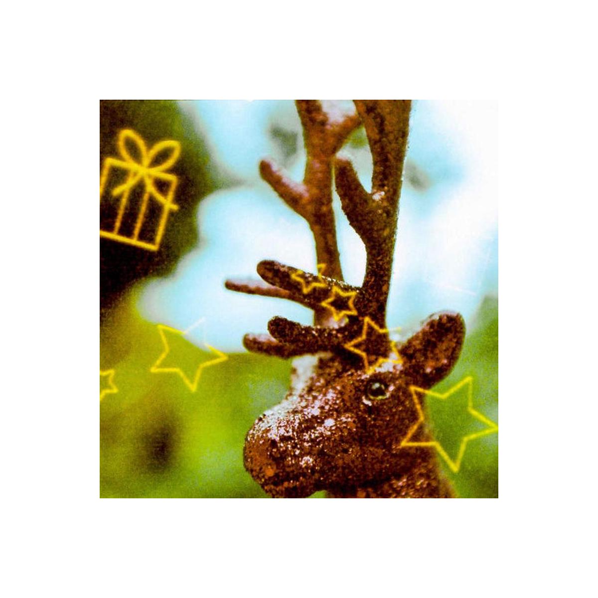 A close-up of a brown reindeer head with antlers, overlaid with yellow line drawings of stars, candy canes, and gift boxes against a blurred green and blue background.