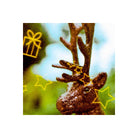 A close-up of a brown reindeer head with antlers, overlaid with yellow line drawings of stars, candy canes, and gift boxes against a blurred green and blue background.