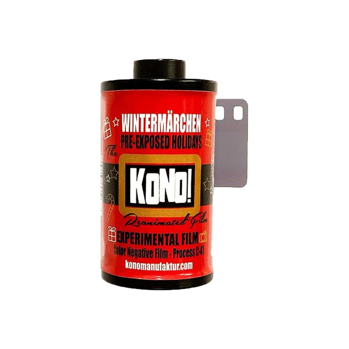 KONO! Wintermärchen 35mm color film roll in a red canister with festive holiday icons and white branding text.