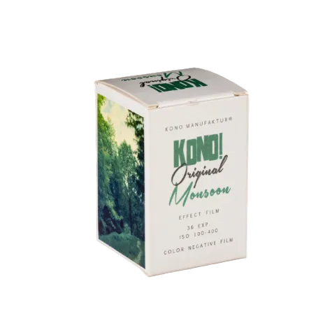 A box of Kono! Original Moonsoo Effect Film, a color negative film, shown on a plain white background. The packaging is white with green and black text and features a forest photo on the side.