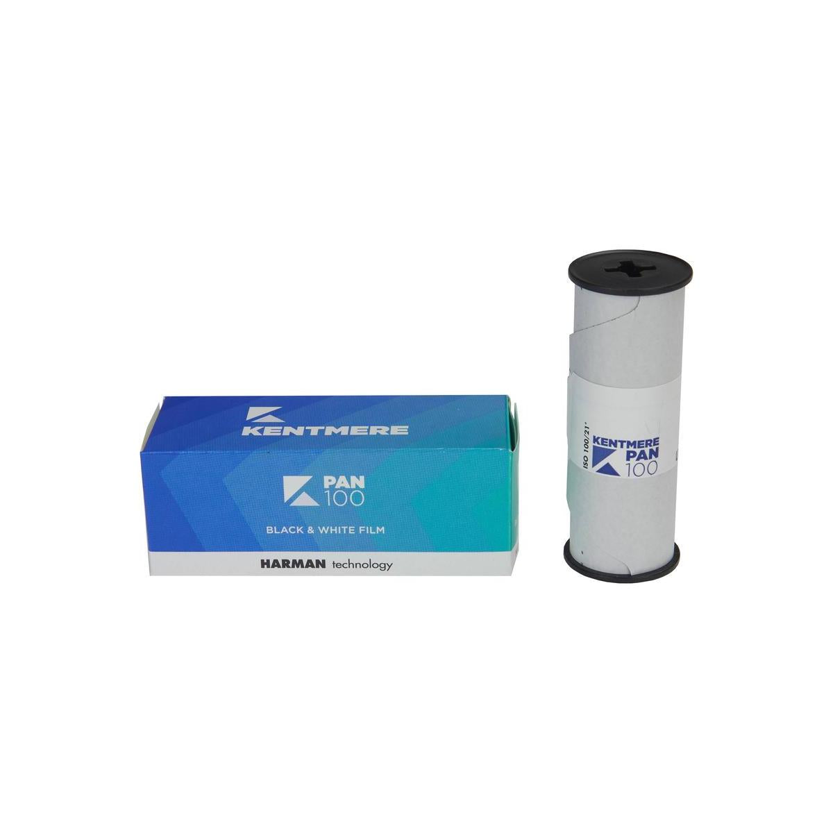 Kentmere Pan 100 ISO 120 black and white film roll next to its blue and white branded cardboard packaging box.
