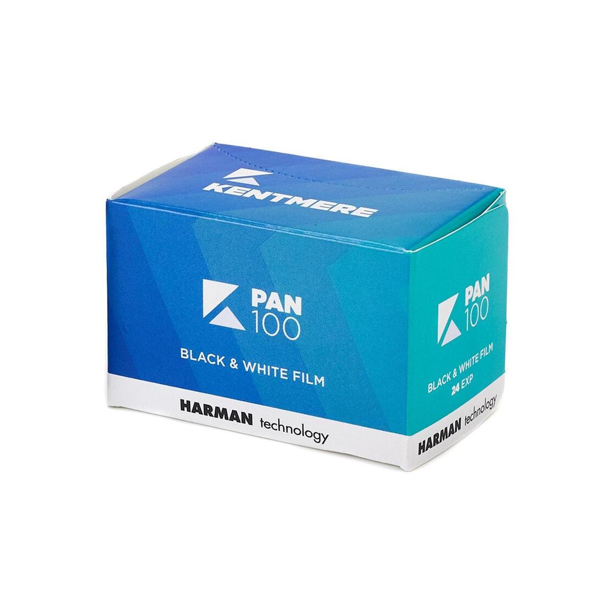 Blue and teal Kentmere Pan 100 35mm black and white film box with 24 exposures, manufactured by Harman technology.
