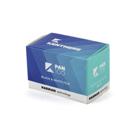 Kentmere Pan 100 ISO 35mm black and white film box in blue and teal packaging with 36 exposure label.