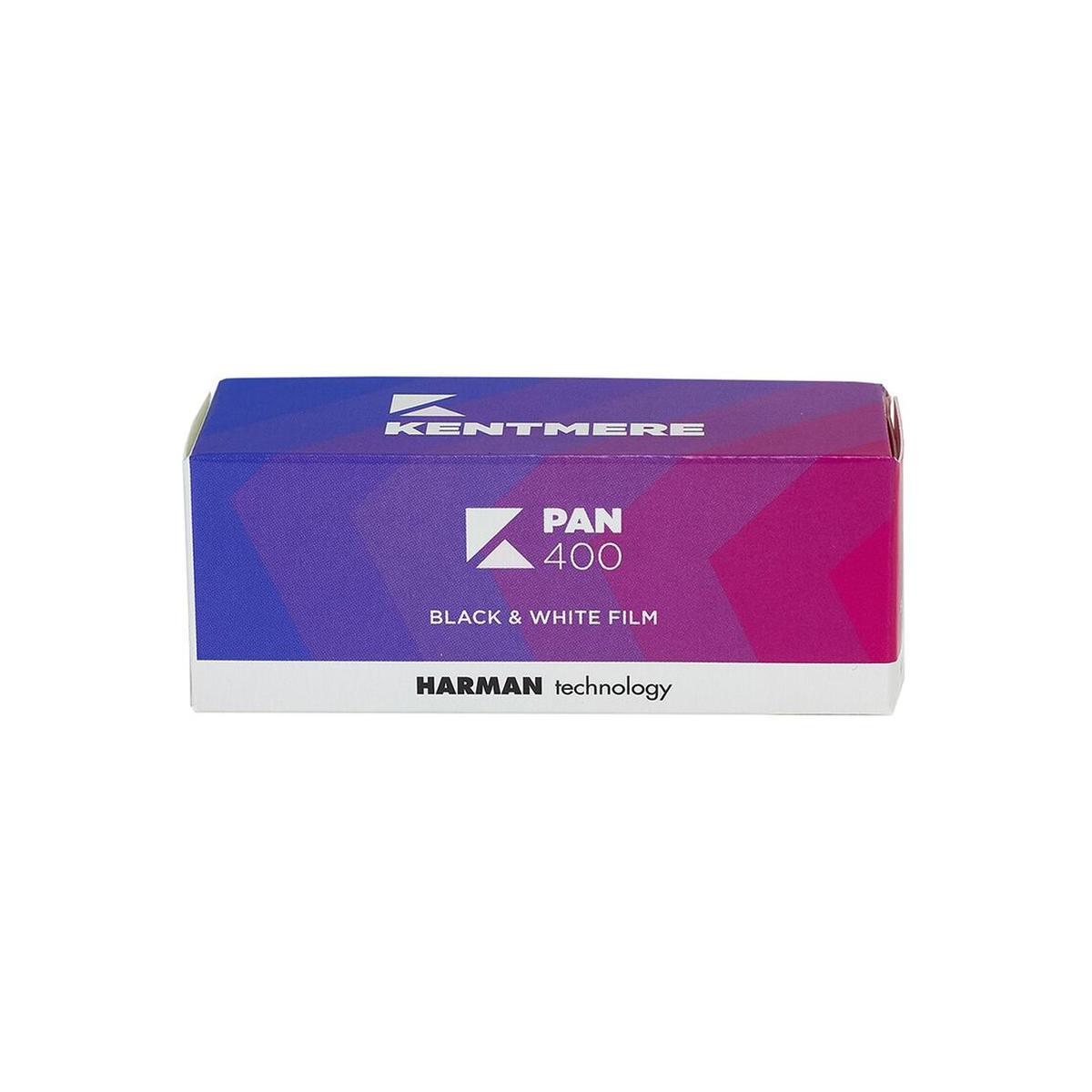 Kentmere Pan 400 ISO 120 black and white film box in purple and blue gradient packaging with Harman technology branding.