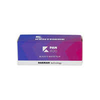 Kentmere Pan 400 ISO 120 black and white film box in purple and blue gradient packaging with Harman technology branding.