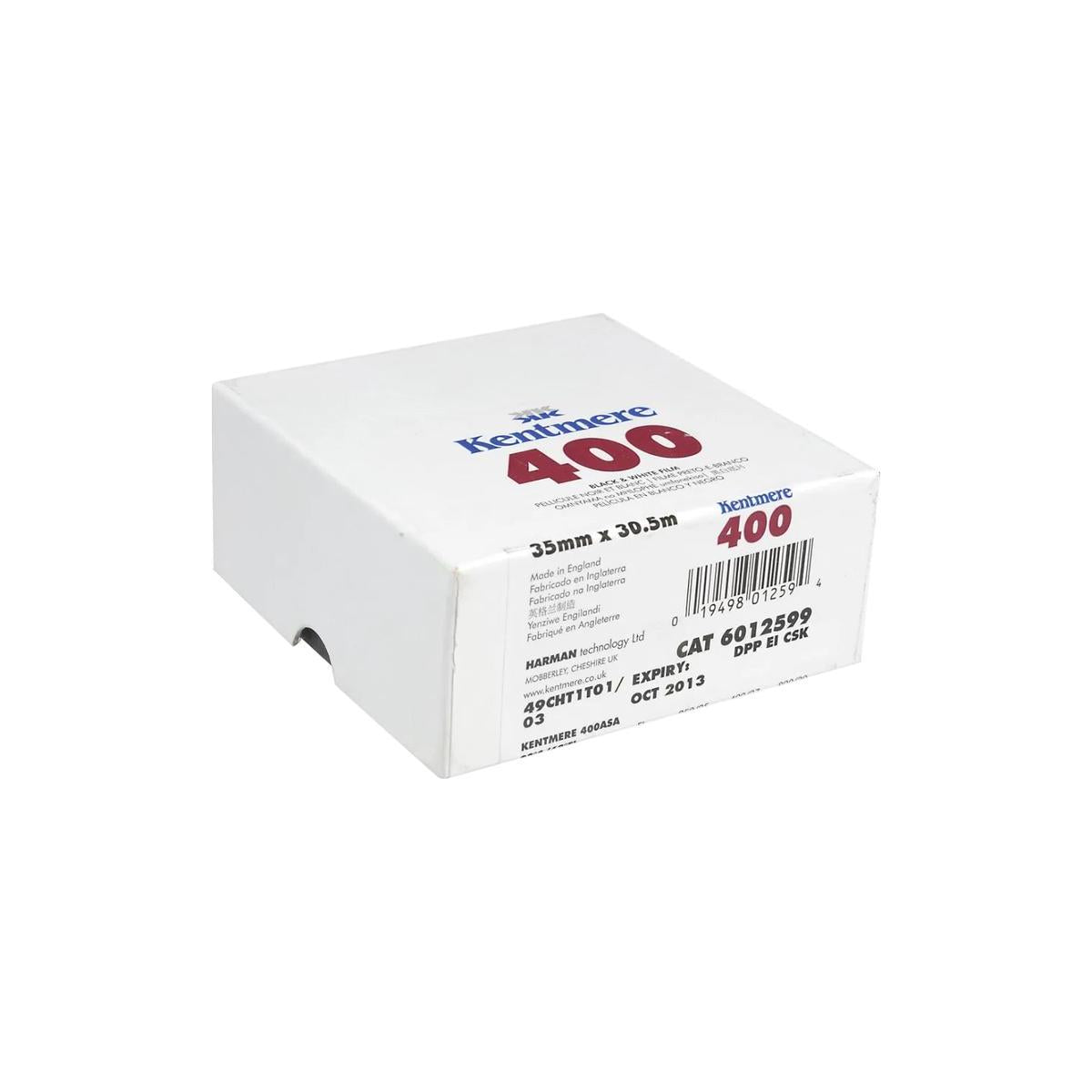 White box of Kentmere Pan 400 ISO 35mm black and white bulk film roll, 30.5m length.