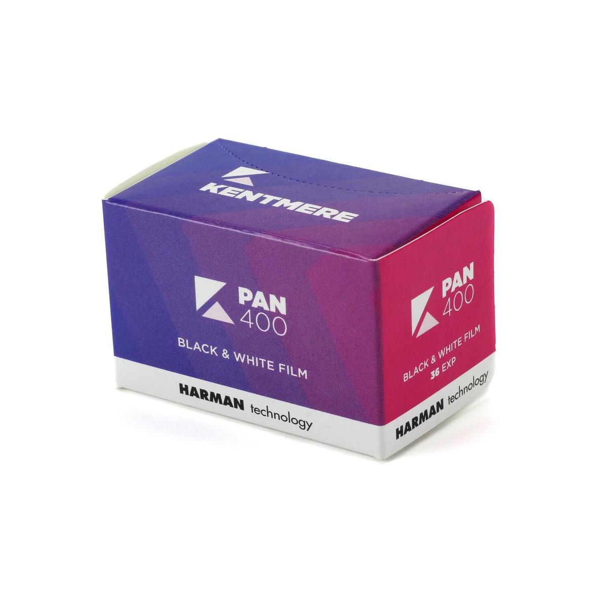 Kentmere Pan 400 35mm black and white film box with blue and magenta gradient packaging and 36 exposure label.