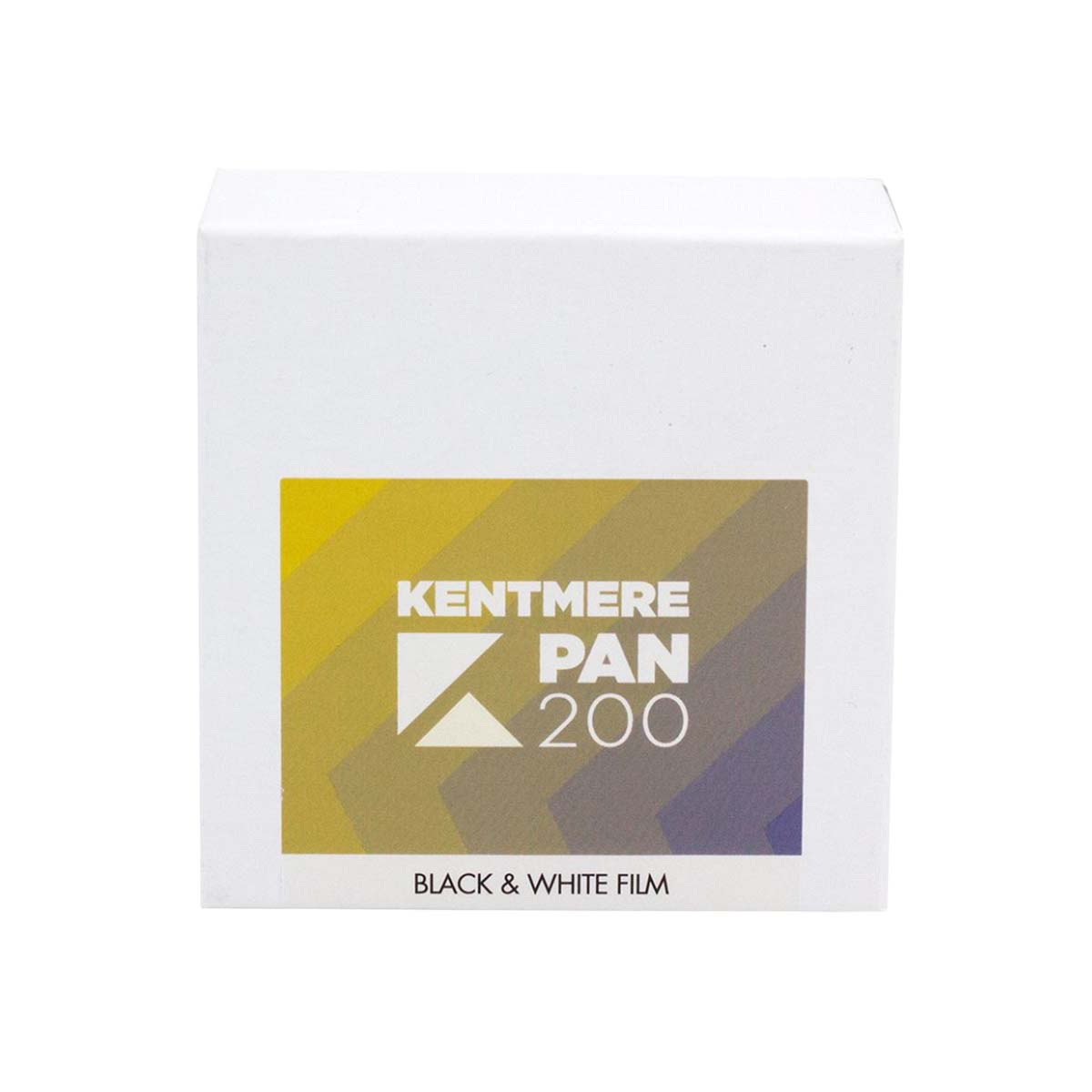 A white square box of Kentmere Pan 200 Black & White Film, featuring a yellow, gold, and purple gradient label on the front.