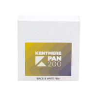 A white square box of Kentmere Pan 200 Black & White Film, featuring a yellow, gold, and purple gradient label on the front.