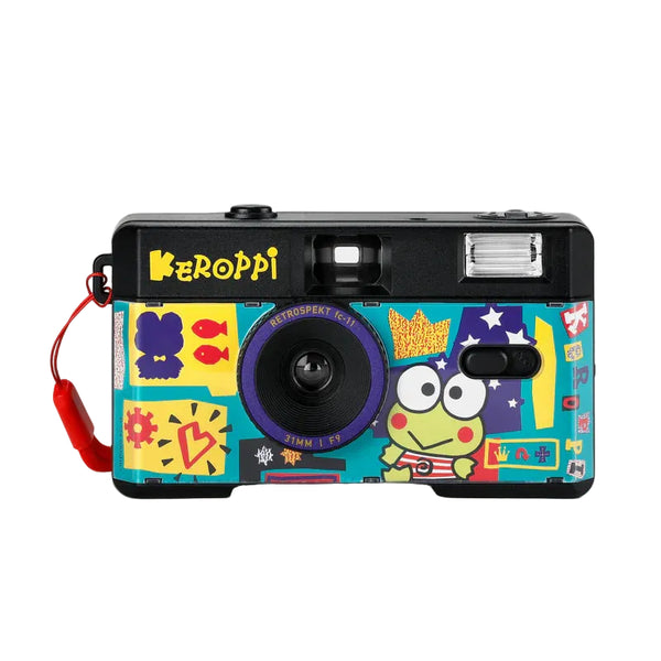 Colorful camera with a cartoon character design on a white background