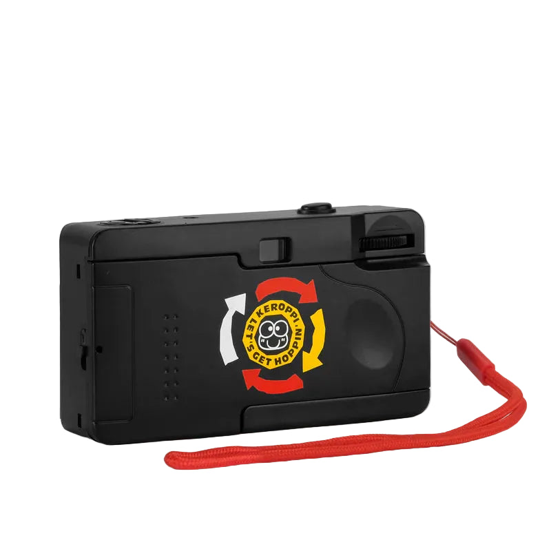 Black electronic device with a red and yellow logo on a white background