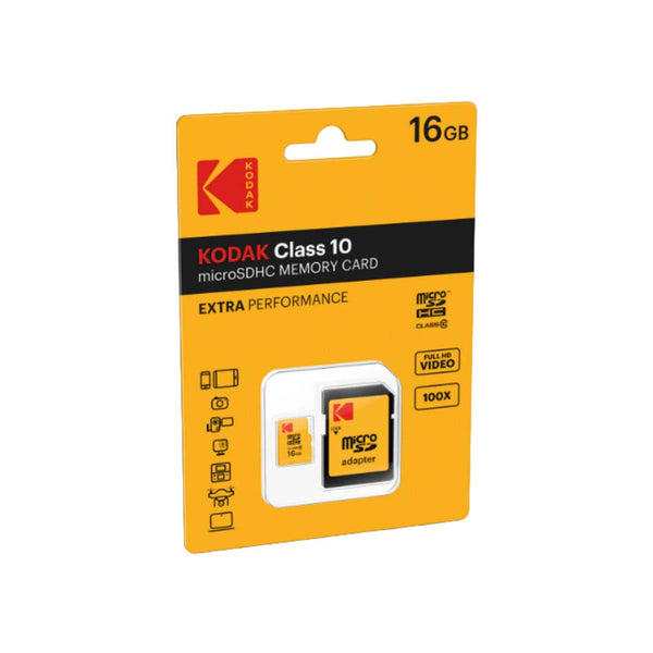 Kodak 16GB Class 10 microSDHC memory card in yellow retail packaging with an included SD card adapter.