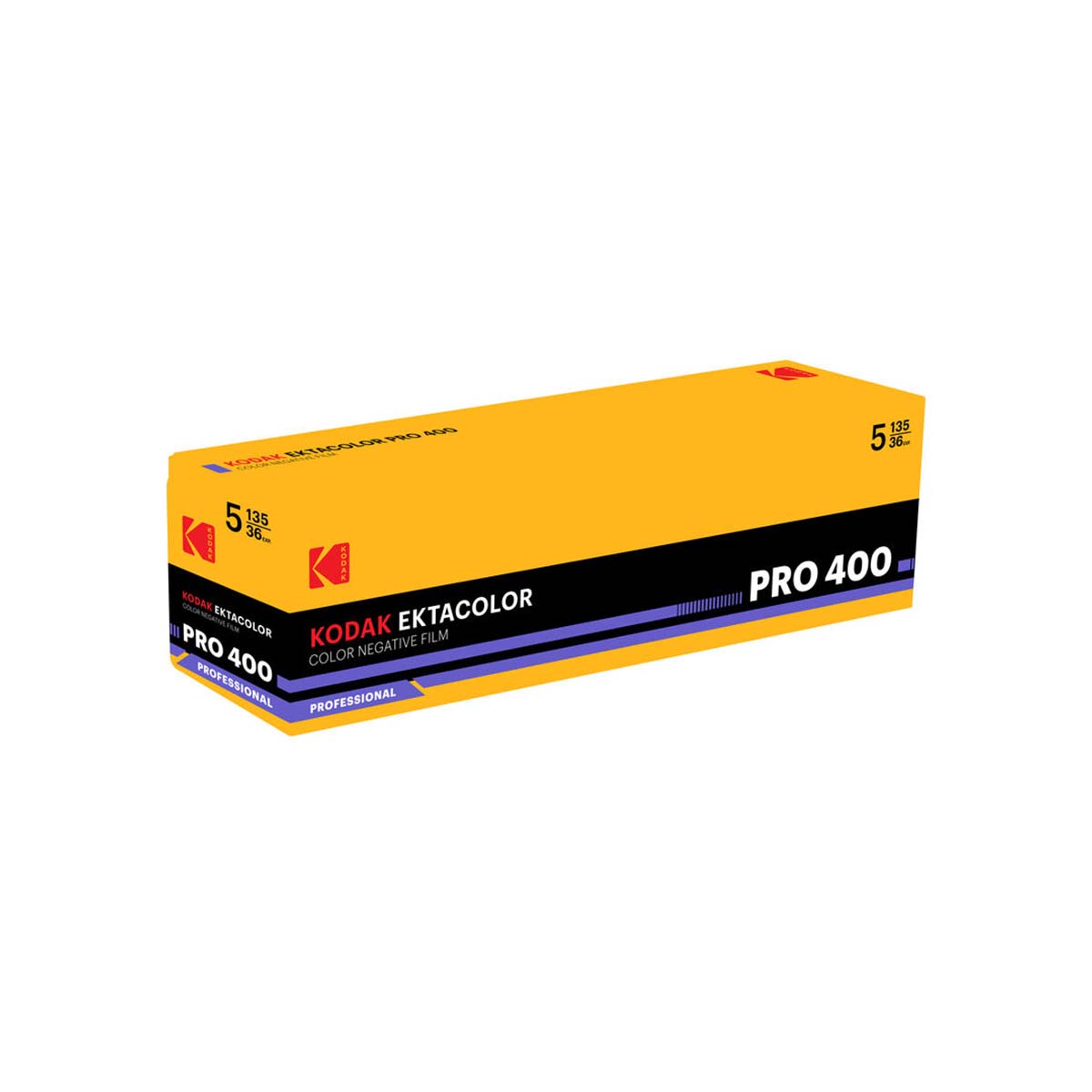 Kodak Ektacolor Pro 400 color negative film 5-pack box, featuring a bright yellow and black design with purple accents, shown on a plain white background.