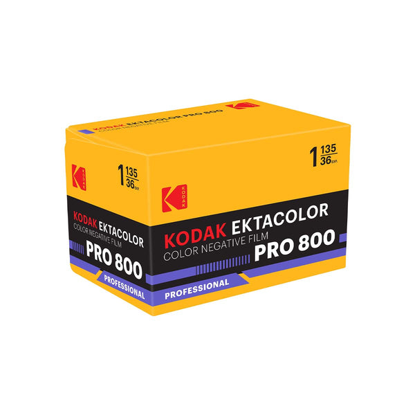 A box of Kodak Ektacolor Pro 800 color negative film, featuring a bright yellow and black design with red and white branding, set against a plain white background.