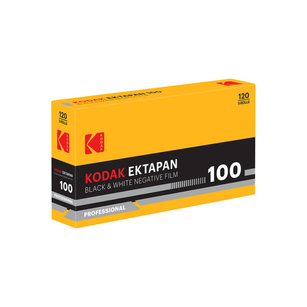A box of Kodak Ektapan 100 Black & White Negative Film, Professional grade, 120 rolls, shown on a clean white background.