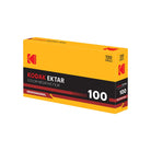 Kodak Ektar 100 color negative film roll box, 120 rolls, professional grade, in yellow, black, and red packaging.