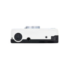 A white and black compact camera shown from a top-down view on a solid white background.