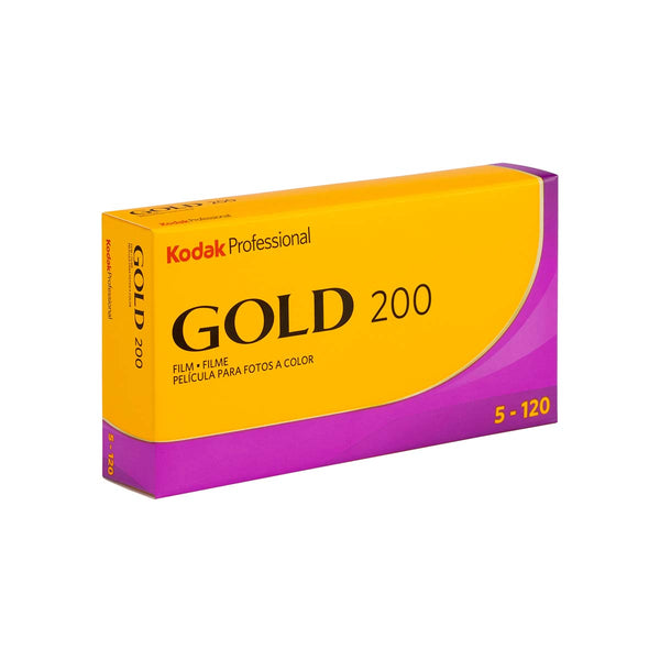 Kodak Gold 200 medium format 120 color negative film box in iconic yellow and purple packaging.