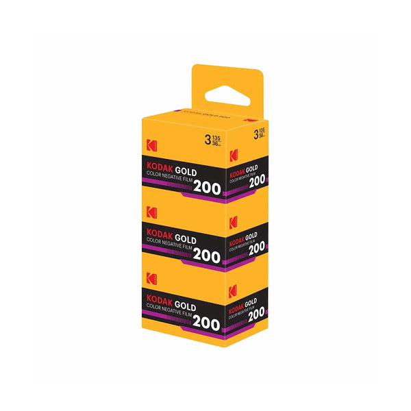 Three stacked boxes of Kodak Gold 200 Color Negative Film on a plain white background.