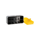 Silver steel 35mm film case with a yellow lid and black interior featuring five individual roll compartments.