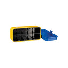Yellow steel 35mm film case with a black interior featuring five individual compartments and a detachable blue lid.