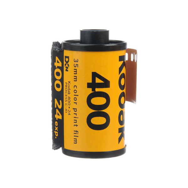 A roll of Kodak 400 color print film, showing the yellow and black label with a strip of film visible on the right side, isolated on a white background.