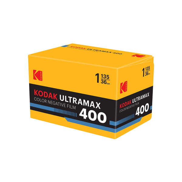 A pack of Kodak Ultramax 400 color negative film rolls shown in its retail box on a plain white background.