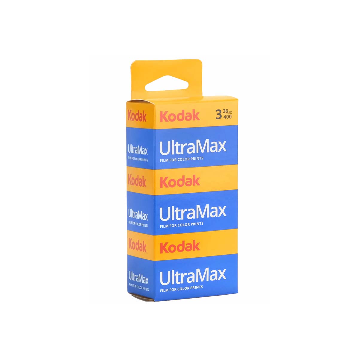 Three-pack of Kodak UltraMax 400 ISO 35mm color film in a yellow and blue cardboard box with 36 exposures.