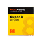 Kodak Vision 3 Super 8 Color Negative Film 200T/7213 film canister packaging, featuring a bright yellow body with a black top band and the Kodak logo.