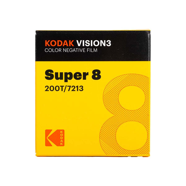Kodak Vision 3 Super 8 Color Negative Film 200T/7213 film canister packaging, featuring a bright yellow body with a black top band and the Kodak logo.