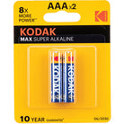 Two Kodak Alkmax AAA alkaline batteries in yellow and black blister packaging with 10-year guarantee text.
