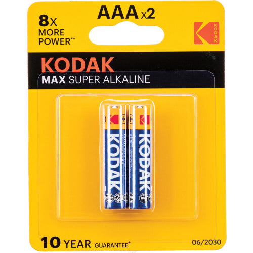 Two Kodak Alkmax AAA alkaline batteries in yellow and black blister packaging with 10-year guarantee text.