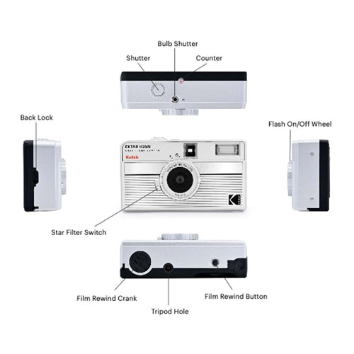 A labeled product diagram showing multiple views of a Kodak Ekstar 1230 instant camera on a white background, with callouts naming parts such as bulb shutter, shutter, counter, back lock, star filter switch, film rewind crank, film rewind button, and tripod hole.