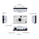 A labeled product diagram showing multiple views of a Kodak Ekstar 1230 instant camera on a white background, with callouts naming parts such as bulb shutter, shutter, counter, back lock, star filter switch, film rewind crank, film rewind button, and tripod hole.