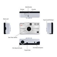 A labeled product diagram showing multiple views of a Kodak Ekstar 1230 instant camera on a white background, with callouts naming parts such as bulb shutter, shutter, counter, back lock, star filter switch, film rewind crank, film rewind button, and tripod hole.