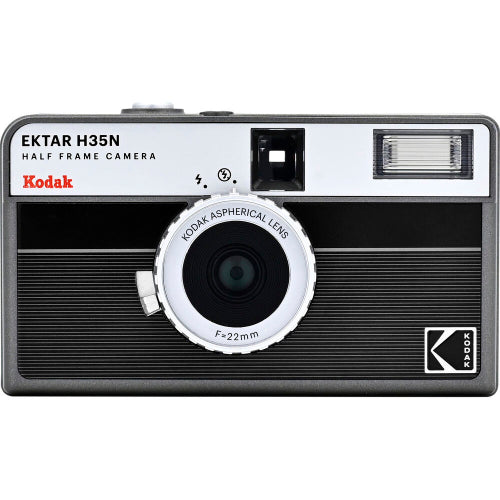Kodak Ektar H35N half-frame film camera in black with a 22mm lens, built-in flash, and retro-inspired compact design.