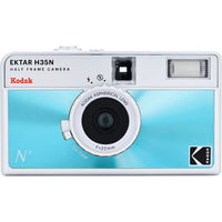 Kodak Ektar H35N half-frame film camera in metallic blue with a 22mm lens, built-in flash, and star filter feature.