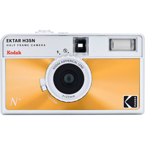 Kodak Ektar H35N half-frame film camera in white and metallic gold with a 22mm lens and built-in star filter.