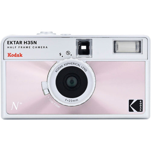 Pink and white Kodak Ektar H35N half-frame 35mm film camera with a 22mm lens and built-in flash.