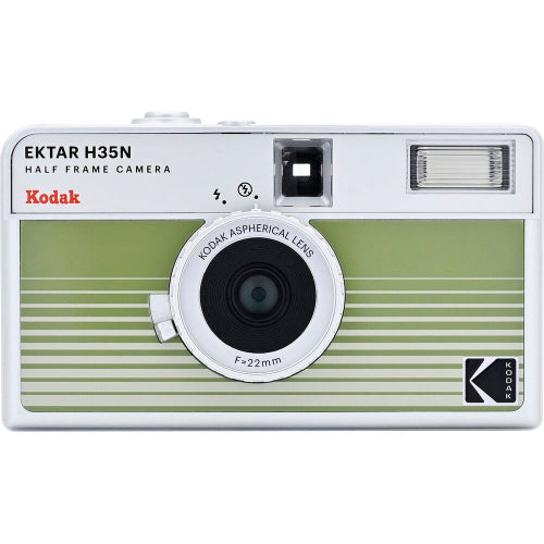 Kodak Ektar H35N half-frame film camera in olive green with a silver frame, 22mm lens, and built-in flash.