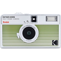 Kodak Ektar H35N half-frame film camera in olive green with a silver frame, 22mm lens, and built-in flash.
